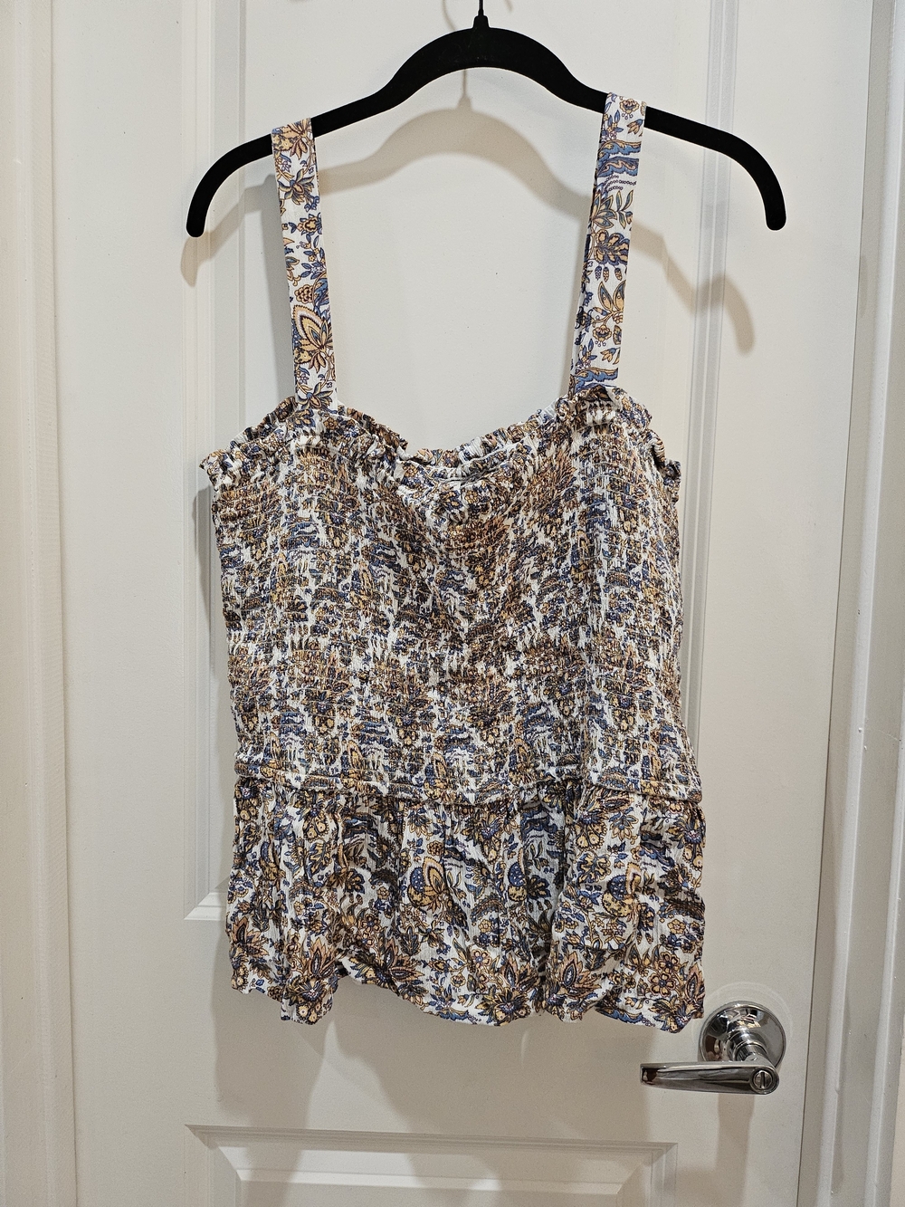 Smocked Floral Tank Top — White, Blue & Brown